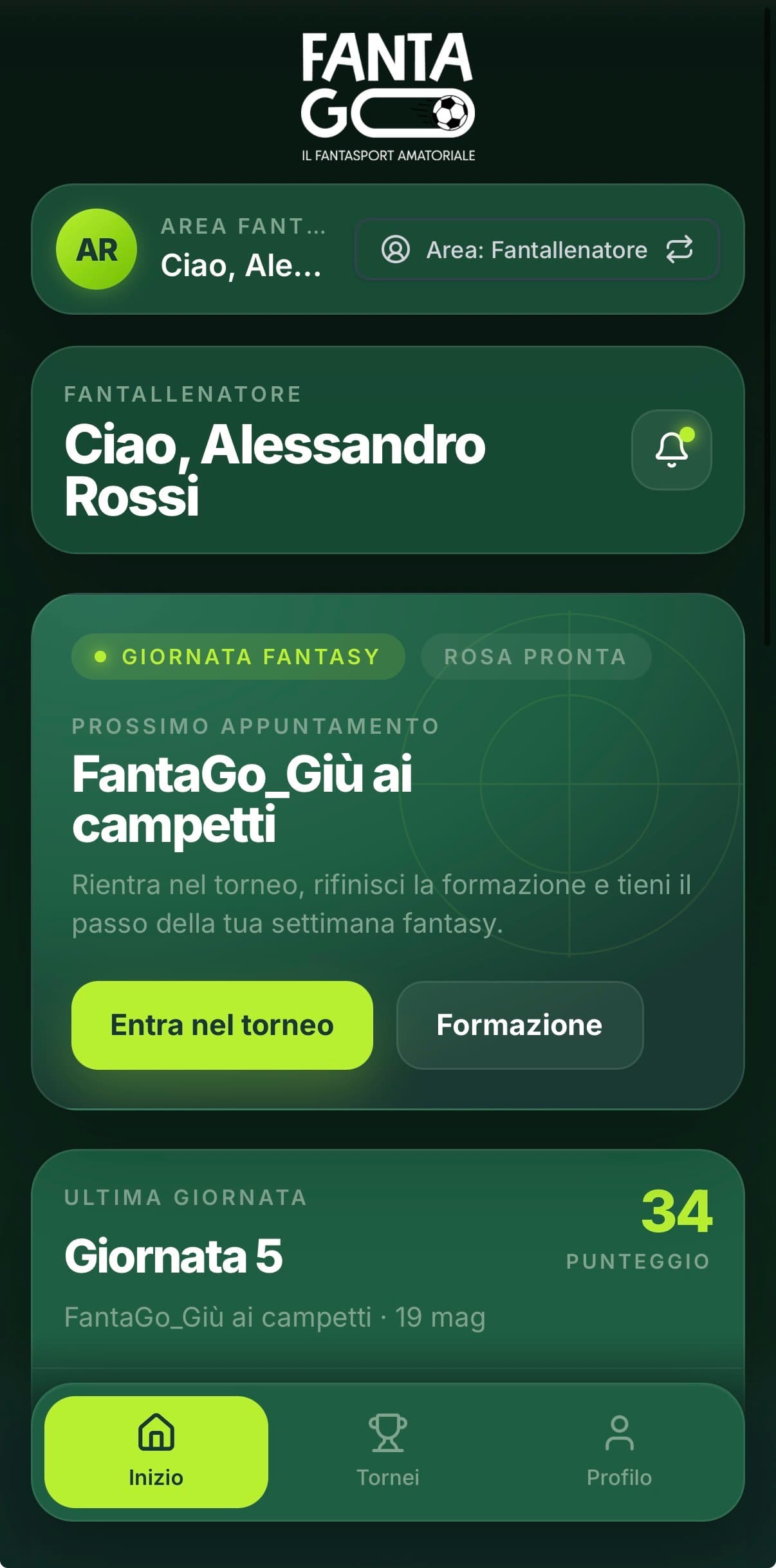 Schermata reale di Fantago lato fantallenatore con dashboard torneo da smartphone.